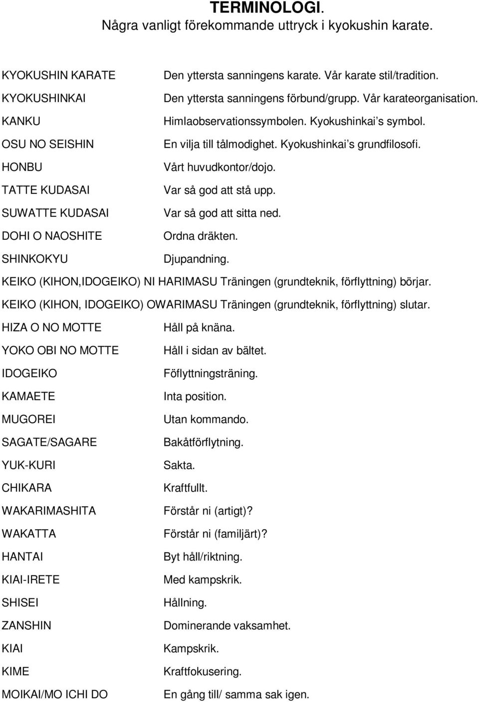 Den yttersta sanningens förbund/grupp. Vår karateorganisation. Himlaobservationssymbolen. Kyokushinkai s symbol. En vilja till tålmodighet. Kyokushinkai s grundfilosofi. Vårt huvudkontor/dojo.