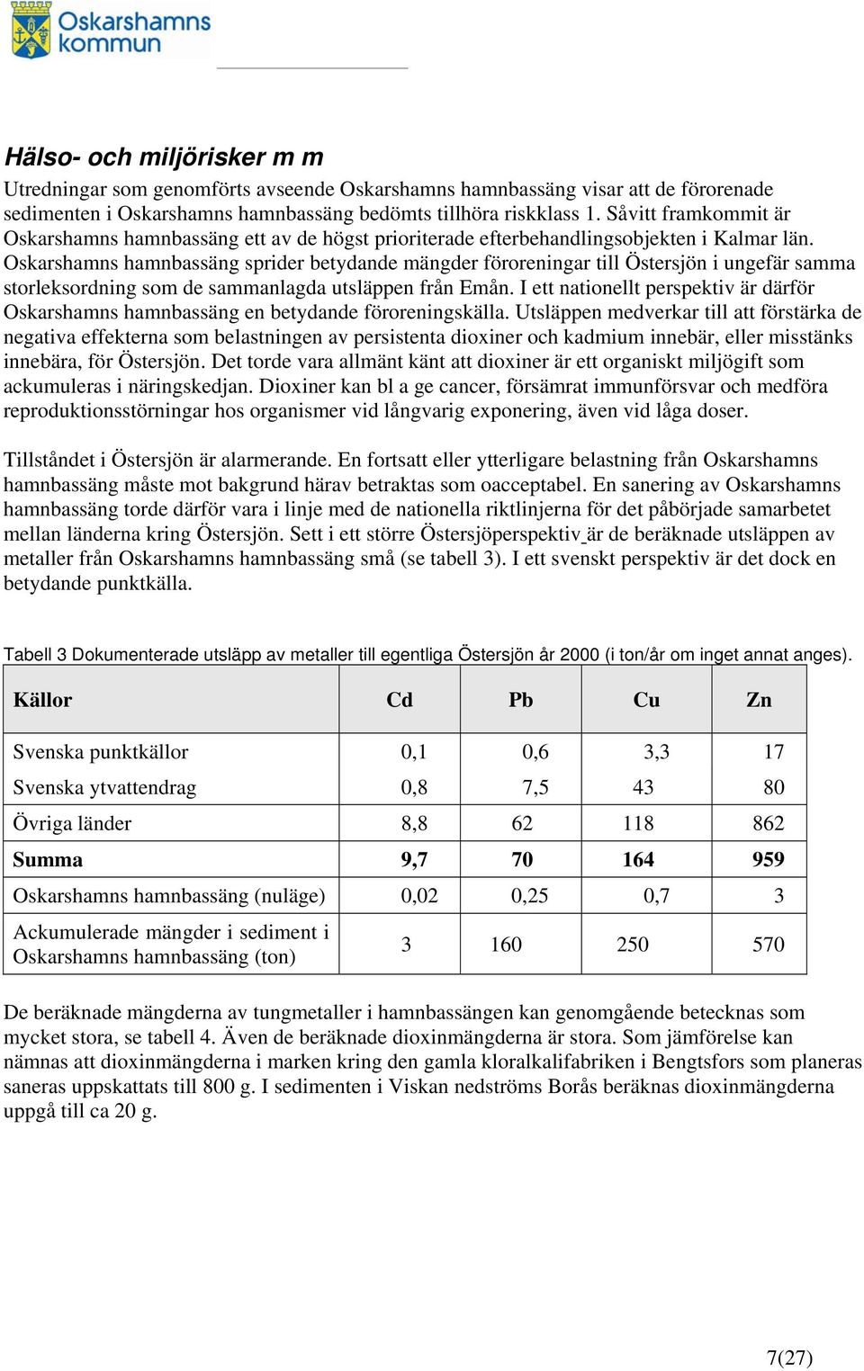 Oskarshamns hamnbassäng sprider betydande mängder föroreningar till Östersjön i ungefär samma storleksordning som de sammanlagda utsläppen från Emån.