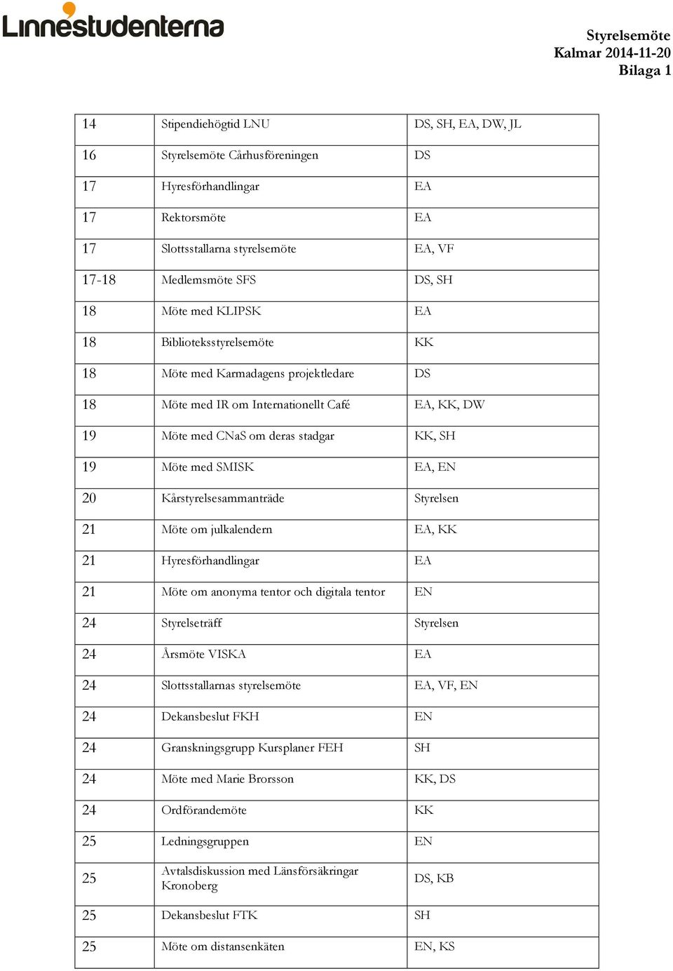 stadgar KK, SH 19 Möte med SMISK EA, EN 20 Kårstyrelsesammanträde Styrelsen 21 Möte om julkalendern EA, KK 21 Hyresförhandlingar EA 21 Möte om anonyma tentor och digitala tentor EN 24 Styrelseträff