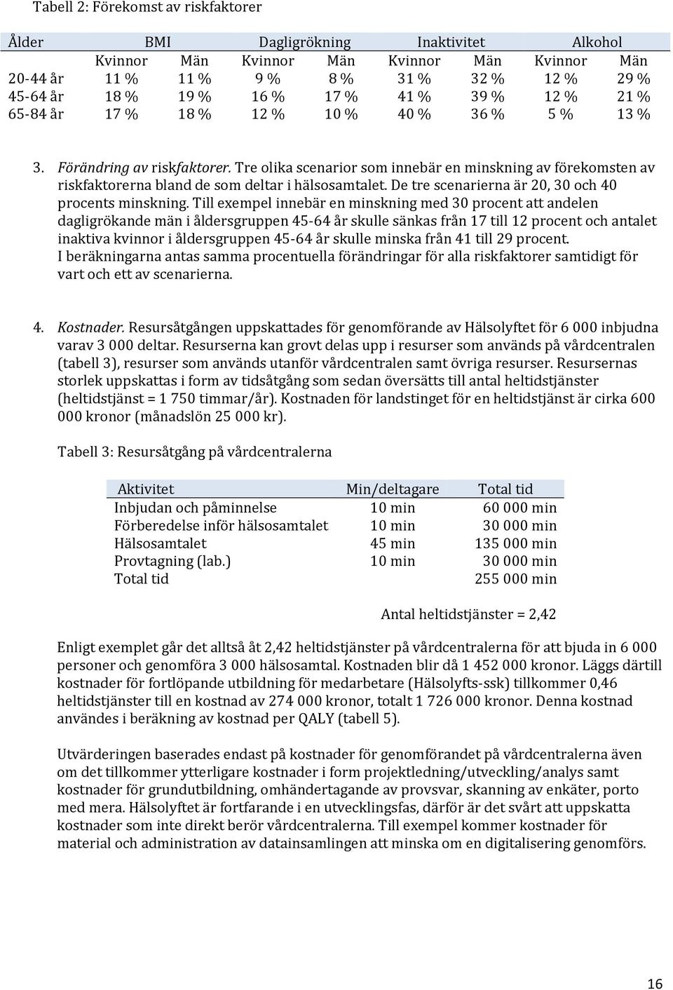 Tre olika scenarior som innebär en minskning av förekomsten av riskfaktorerna bland de som deltar i hälsosamtalet. De tre scenarierna är 20, 30 och 40 procents minskning.