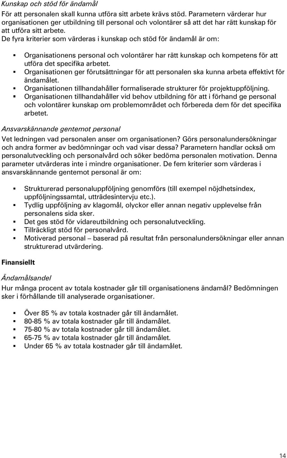 De fyra kriterier som värderas i kunskap och stöd för ändamål är om: Organisationens personal och volontärer har rätt kunskap och kompetens för att utföra det specifika arbetet.