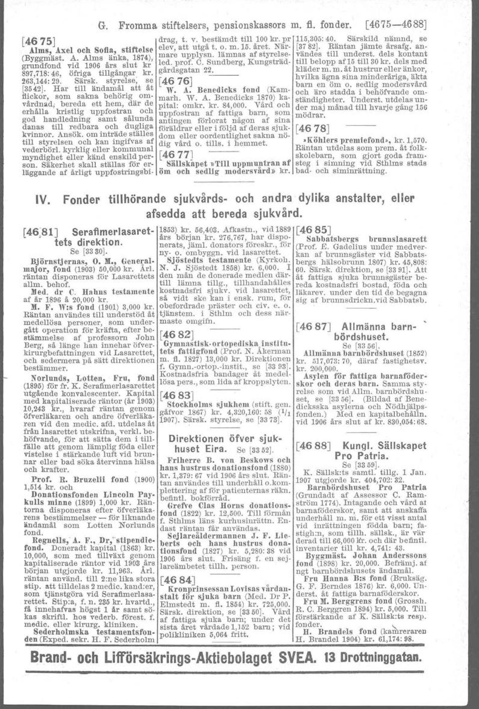 Fromma stiftelsers, pensionskassors m. fl. fonder. [4675-4688] W. A. Benedicks fond (Kammarh. W. A. Benedieles 1870) kapital: omkr. kr. 84,000.