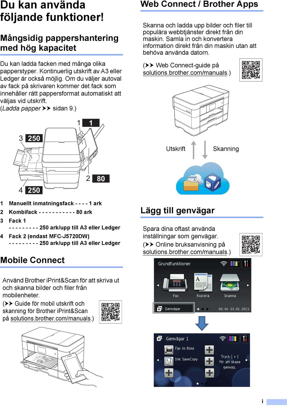 ) Web Connect / Brother Apps Skanna och ladda upp bilder och filer till populära webbtjänster direkt från din maskin.