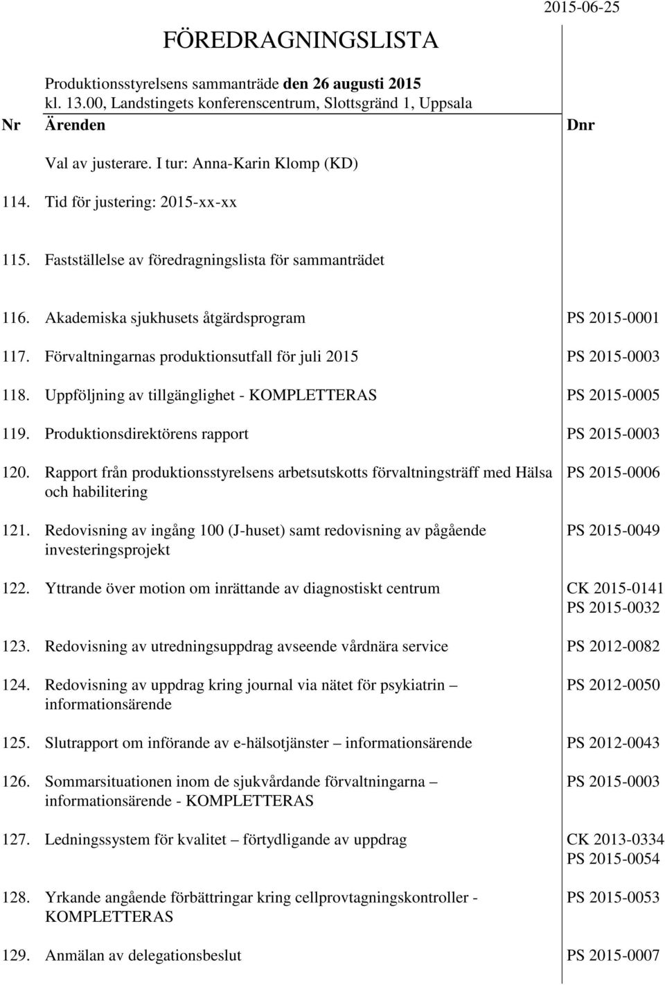 Förvaltningarnas produktionsutfall för juli 2015 118. Uppföljning av tillgänglighet - KOMPLETTERAS 119. Produktionsdirektörens rapport 120.