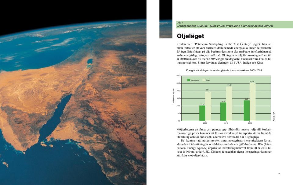 Ökningen av oljeförbrukningen fram till år 2030 beräknas bli mer än 50 % högre än idag och i huvudsak vara knuten till transportsektorn. Störst förväntas ökningen bli i USA, Indien och Kina.