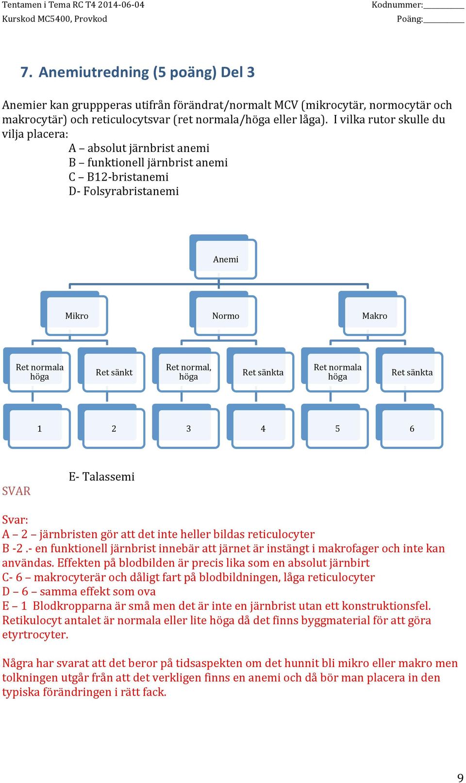 höga Ret sänkta Ret normala höga Ret sänkta 1 2 3 4 5 6 SVAR E- Talassemi Svar: A 2 järnbristen gör att det inte heller bildas reticulocyter B - 2.