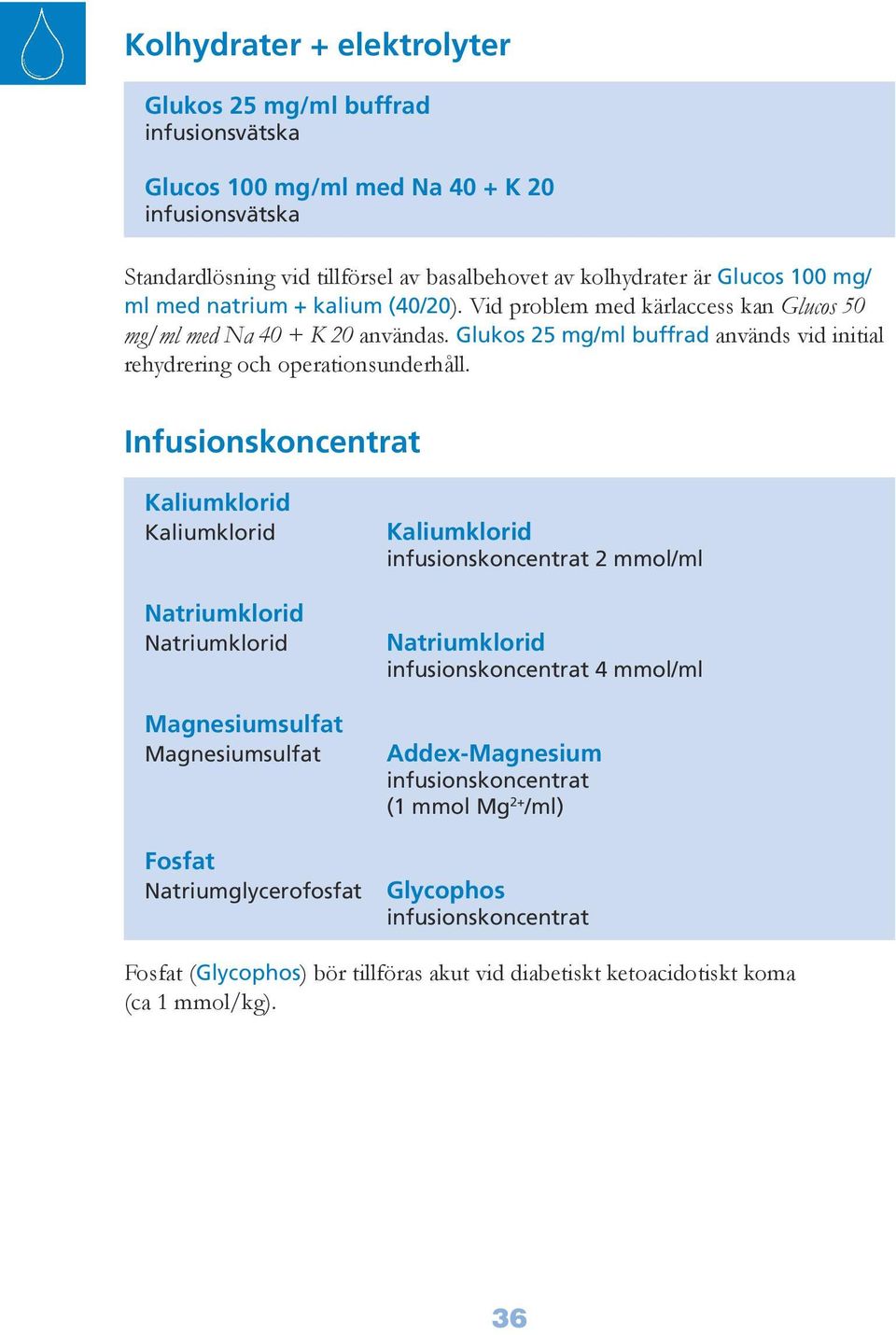 Glukos 25 mg/ml buffrad används vid initial rehydrering och operationsunderhåll.