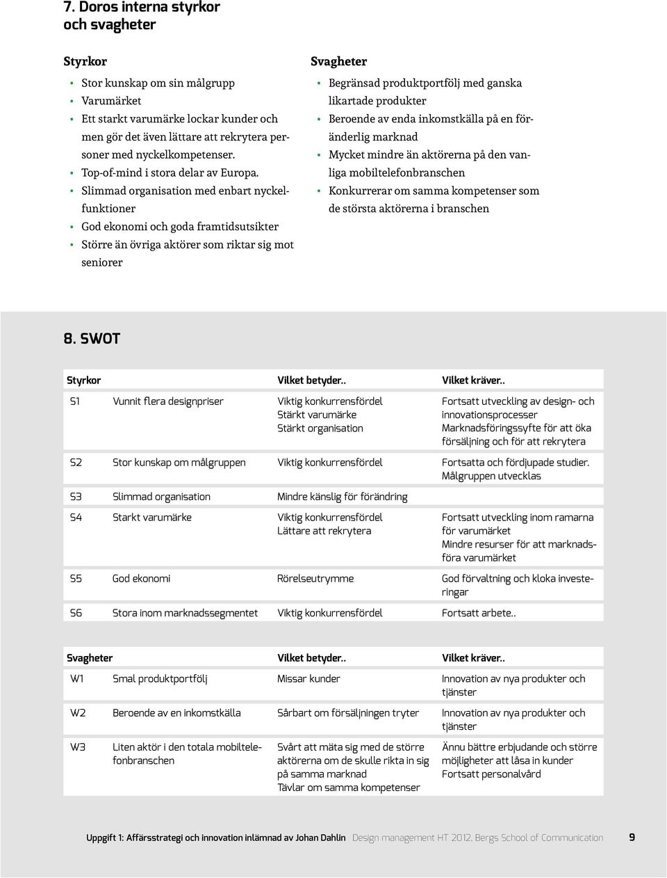 Slimmad organisation med enbart nyckelfunktioner God ekonomi och goda framtidsutsikter Större än övriga aktörer som riktar sig mot seniorer Svagheter Begränsad produktportfölj med ganska likartade