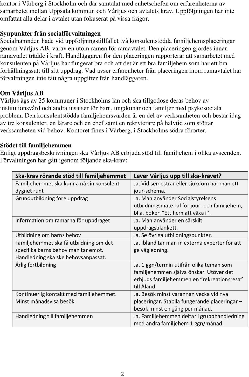 Synpunkter från socialförvaltningen Socialnämnden hade vid uppföljningstillfället två konsulentstödda familjehemsplaceringar genom Vårljus AB, varav en utom ramen för ramavtalet.