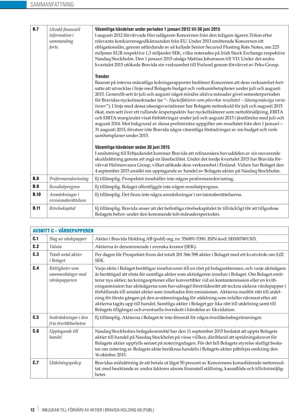 Under 2013 emitterade Koncernen ett obligationslån, genom utfärdande av så kallade Senior Secured Floating Rate Notes, om 225 miljoner EUR respektive 1,3 miljarder SEK, vilka noterades på Irish Stock