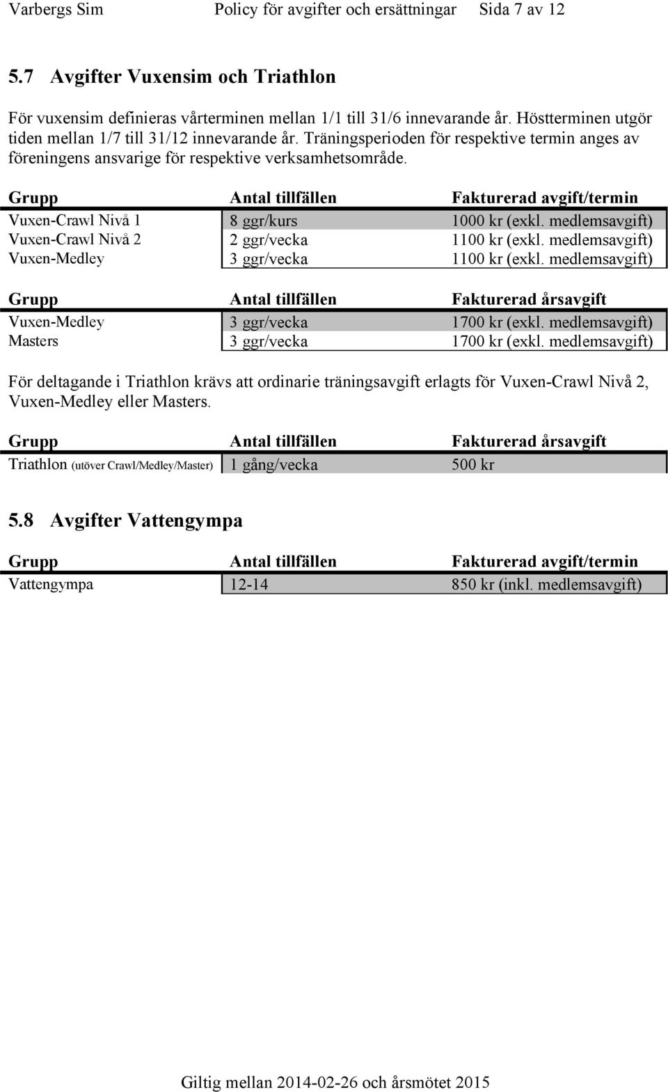 Grupp Antal tillfällen Fakturerad avgift/termin Vuxen-Crawl Nivå 1 8 ggr/kurs 1000 kr (exkl. medlemsavgift) Vuxen-Crawl Nivå 2 2 ggr/vecka 1100 kr (exkl.