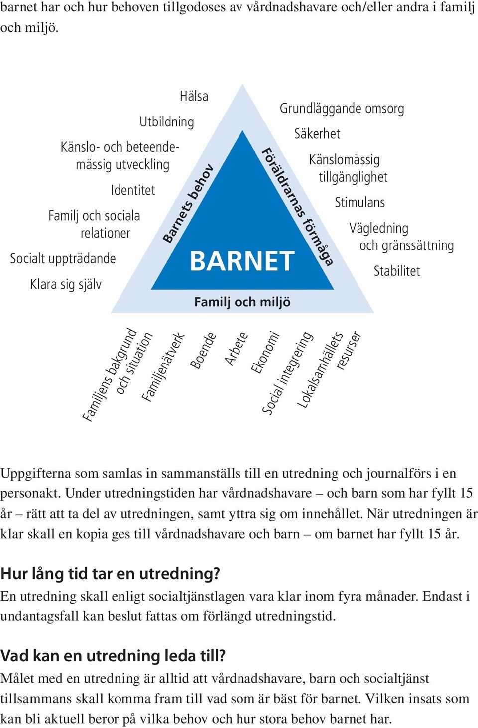 Föräldrarnas förmåga Känslomässig tillgänglighet Stimulans Vägledning och gränssättning Stabilitet Familjens bakgrund och situation Familjenätverk Boende Arbete Ekonomi Social integrering