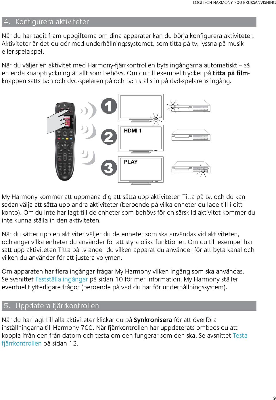 När du väljer en aktivitet med Harmony-fjärrkontrollen byts ingångarna automatiskt så en enda knapptryckning är allt som behövs.