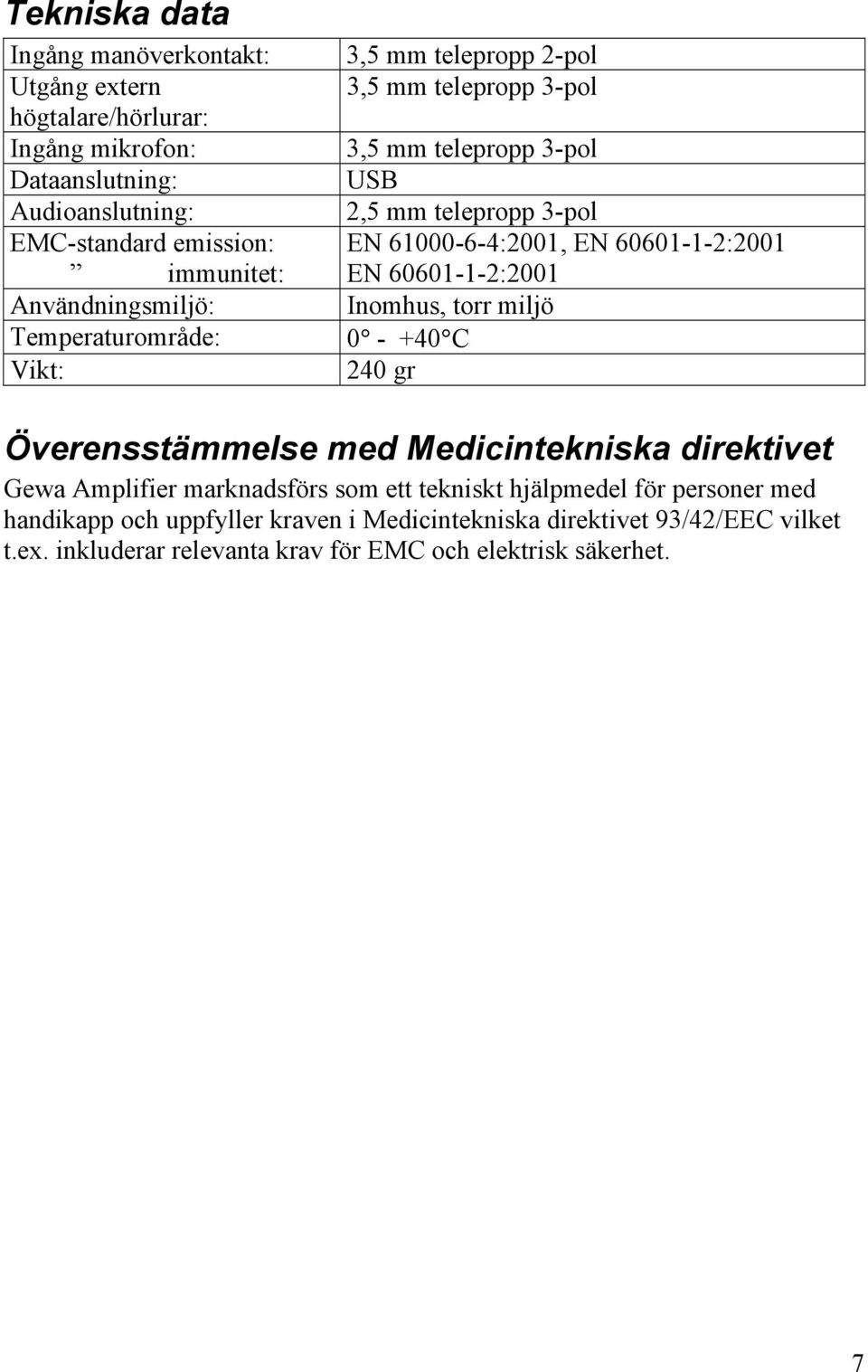 60601-1-2:2001 EN 60601-1-2:2001 Inomhus, torr miljö 0 - +40 C 240 gr Överensstämmelse med Medicintekniska direktivet Gewa Amplifier marknadsförs som ett