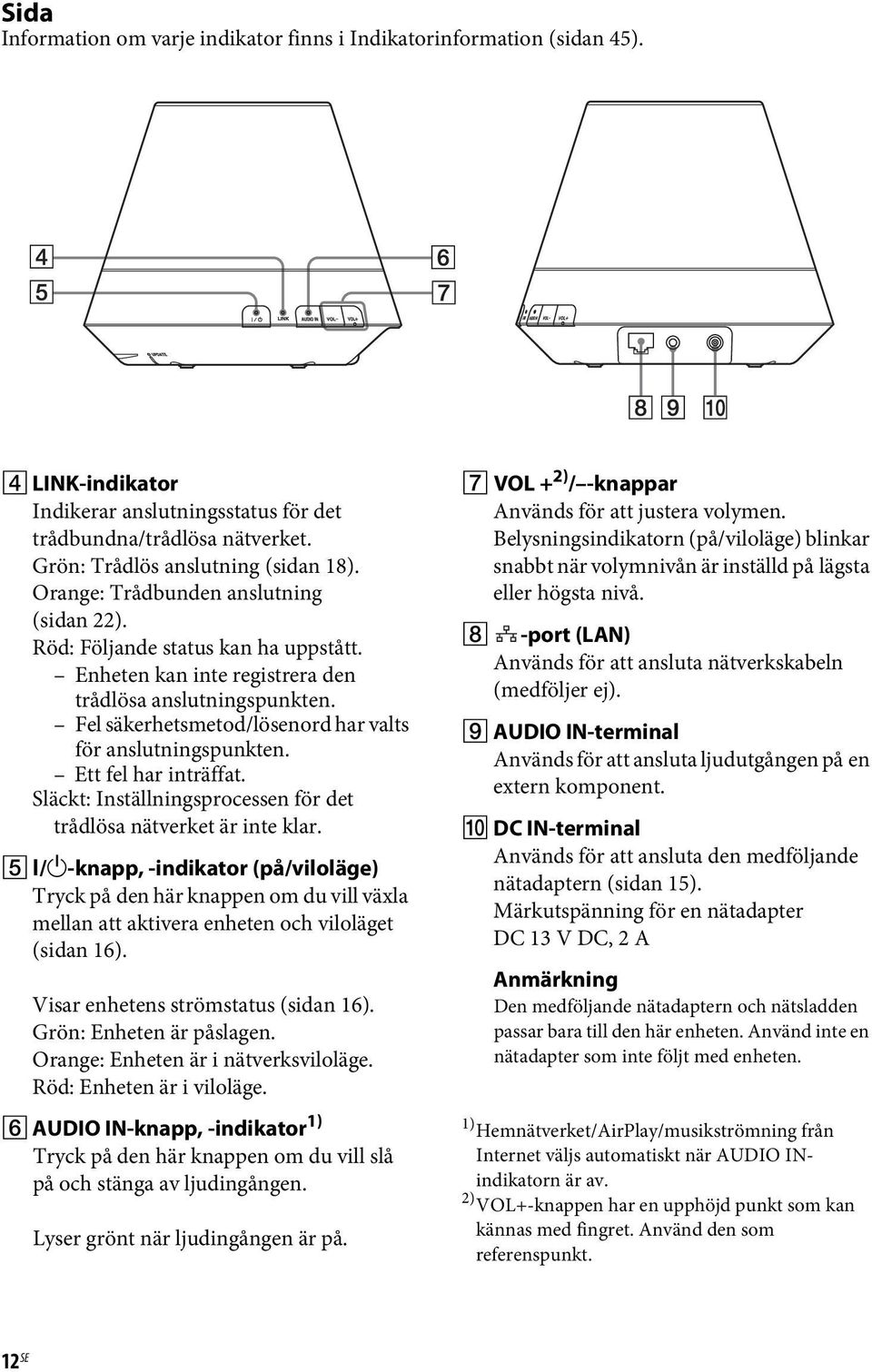 Fel säkerhetsmetod/lösenord har valts för anslutningspunkten. Ett fel har inträffat. Släckt: Inställningsprocessen för det trådlösa nätverket är inte klar. E?/1-knapp, -indikator (på/viloläge) Tryck på den här knappen om du vill växla mellan att aktivera enheten och viloläget (sidan 16).