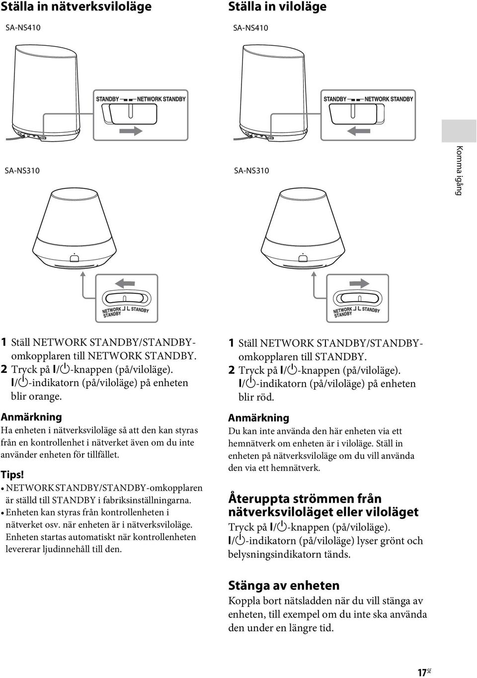 Tips! NETWORK STANDBY/STANDBY-omkopplaren är ställd till STANDBY i fabriksinställningarna. Enheten kan styras från kontrollenheten i nätverket osv. när enheten är i nätverksviloläge.