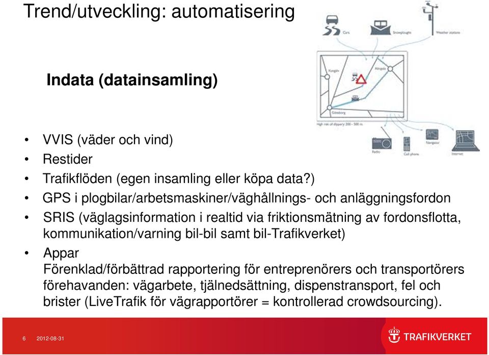 fordonsflotta, kommunikation/varning bil-bil samt bil-trafikverket) Appar Förenklad/förbättrad rapportering för entreprenörers och