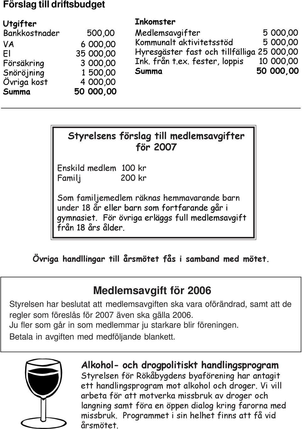 fester, loppis 10 000,00 Summa 50 000,00 Styrelsens förslag till medlemsavgifter för 2007 Enskild medlem 100 kr Familj 200 kr Som familjemedlem räknas hemmavarande barn under 18 år eller barn som