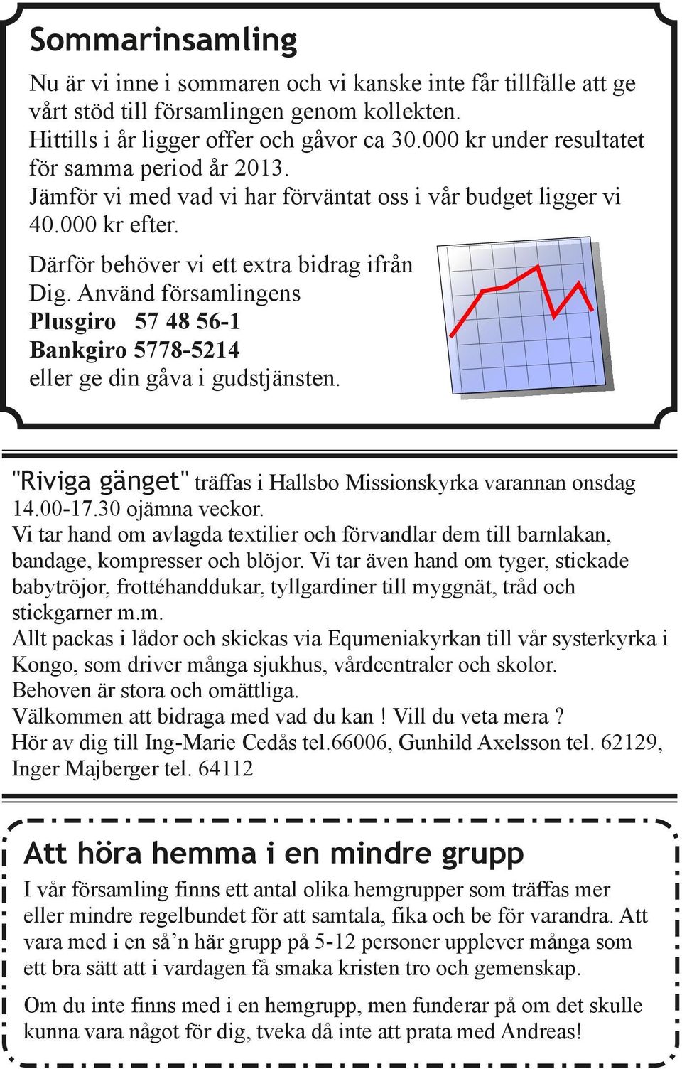 Använd församlingens Plusgiro 57 48 56 1 Bankgiro 5778 5214 eller ge din gåva i gudstjänsten. "Riviga gänget" träffas i Hallsbo Missionskyrka varannan onsdag 14.00 17.30 ojämna veckor.