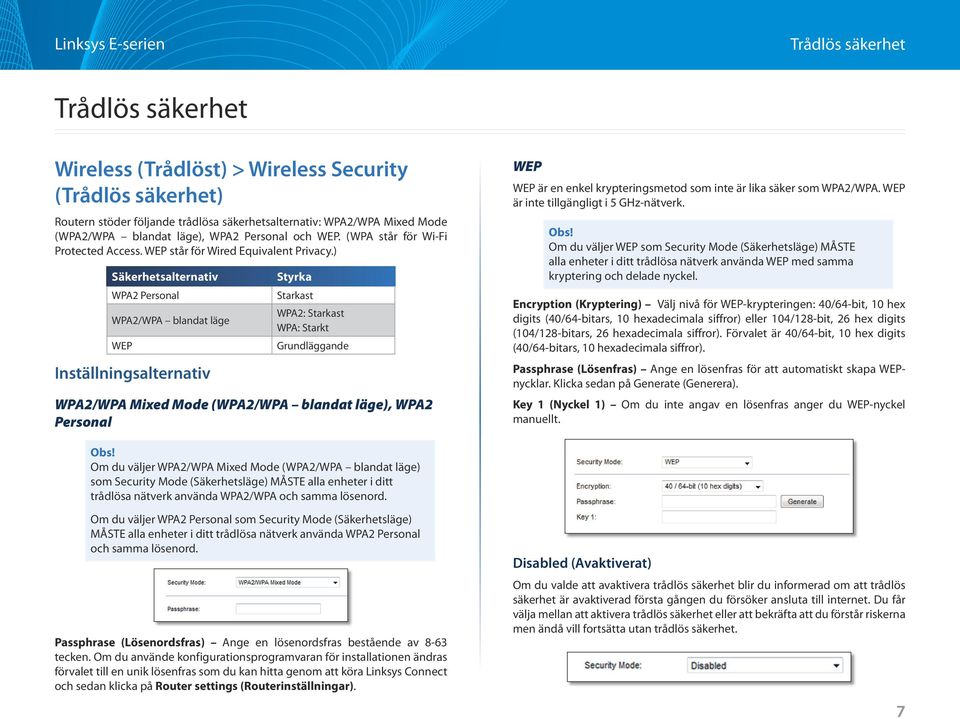 ) Säkerhetsalternativ WPA2 Personal WPA2/WPA blandat läge WEP Inställningsalternativ Styrka Starkast WPA2: Starkast WPA: Starkt Grundläggande WPA2/WPA Mixed Mode (WPA2/WPA blandat läge), WPA2