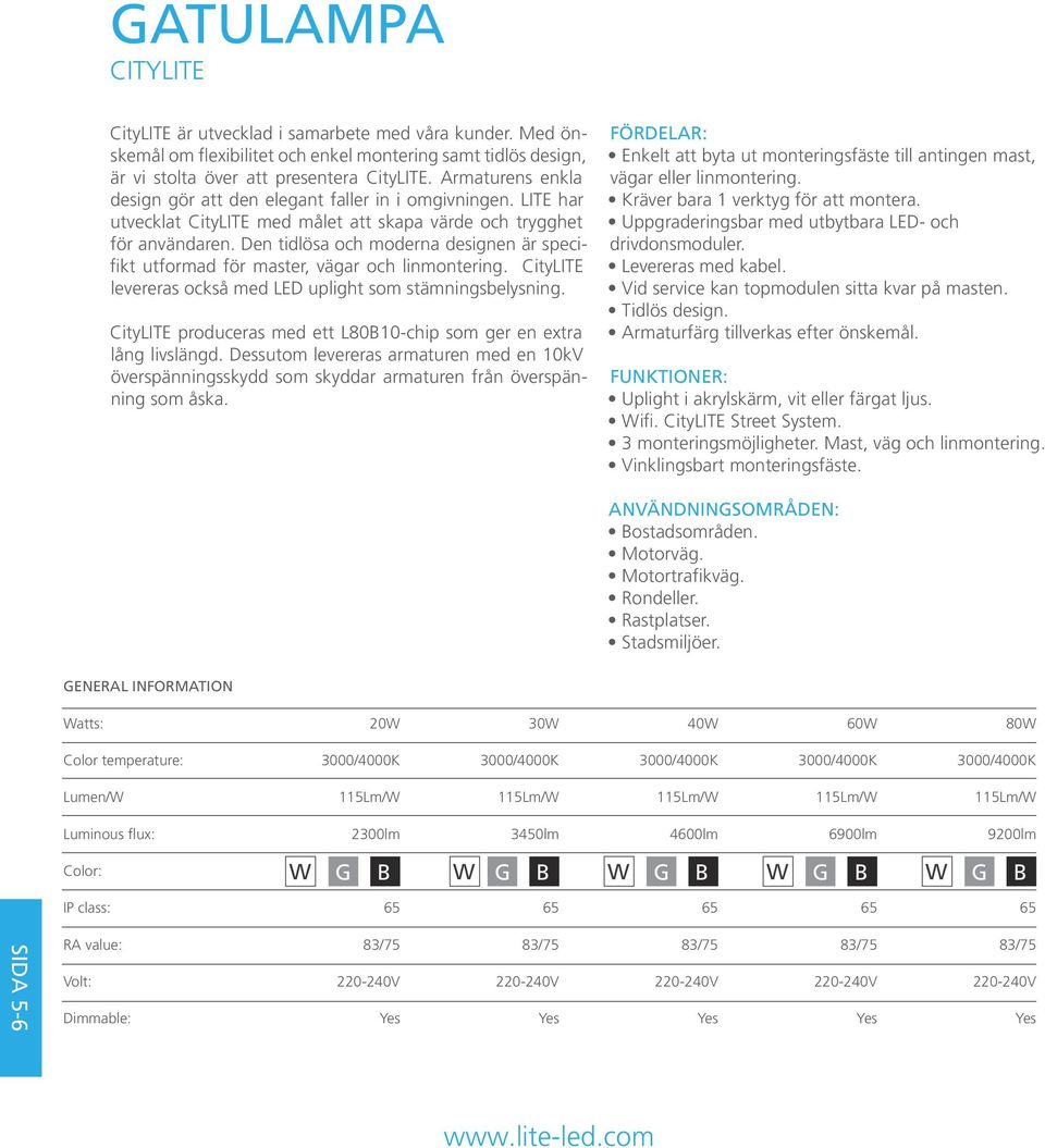 Den tidlösa och moderna designen är specifikt utformad för master, vägar och linmontering. CityLITE levereras också med LED uplight som stämningsbelysning.