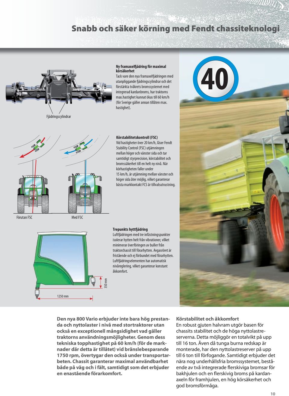 40 Fjädringscylindrar Körstabilitetskontroll (FSC) Vid hastigheter över 20 km/h, låser Fendt Stability Control (FSC) utjämningen mellan höger och vänster sida och tar samtidigt styrprecision,