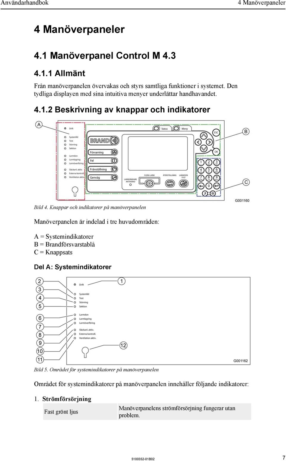 Knappar och indikatorer på manöverpanelen Manöverpanelen är indelad i tre huvudområden: A = Systemindikatorer B = Brandförsvarstablå C = Knappsats Del A: Systemindikatorer Bild