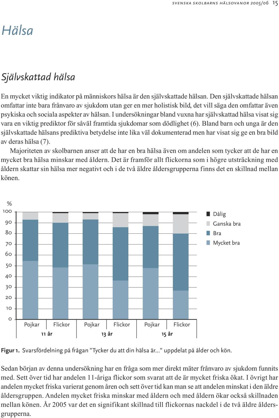 I undersökningar bland vuxna har självskattad hälsa visat sig vara en viktig prediktor för såväl framtida sjukdomar som dödlighet (6).