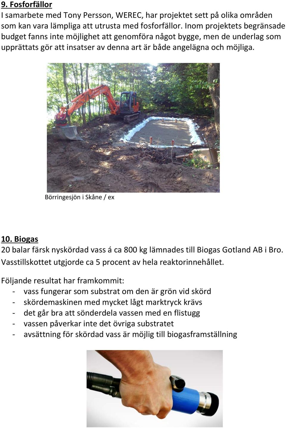 Börringesjön i Skåne / ex 10. Biogas 20 balar färsk nyskördad vass á ca 800 kg lämnades till Biogas Gotland AB i Bro. Vasstillskottet utgjorde ca 5 procent av hela reaktorinnehållet.