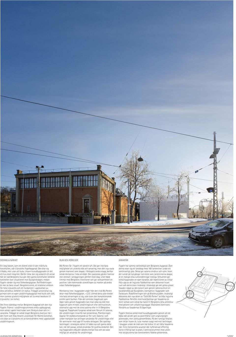 en gamla konsthallen behåller kontrollen över situationen mot jurgårdsvägen, medan flygeln vänder sig mot Falkenbergsgatan. Rollfördelningen är mer än bara visuell.