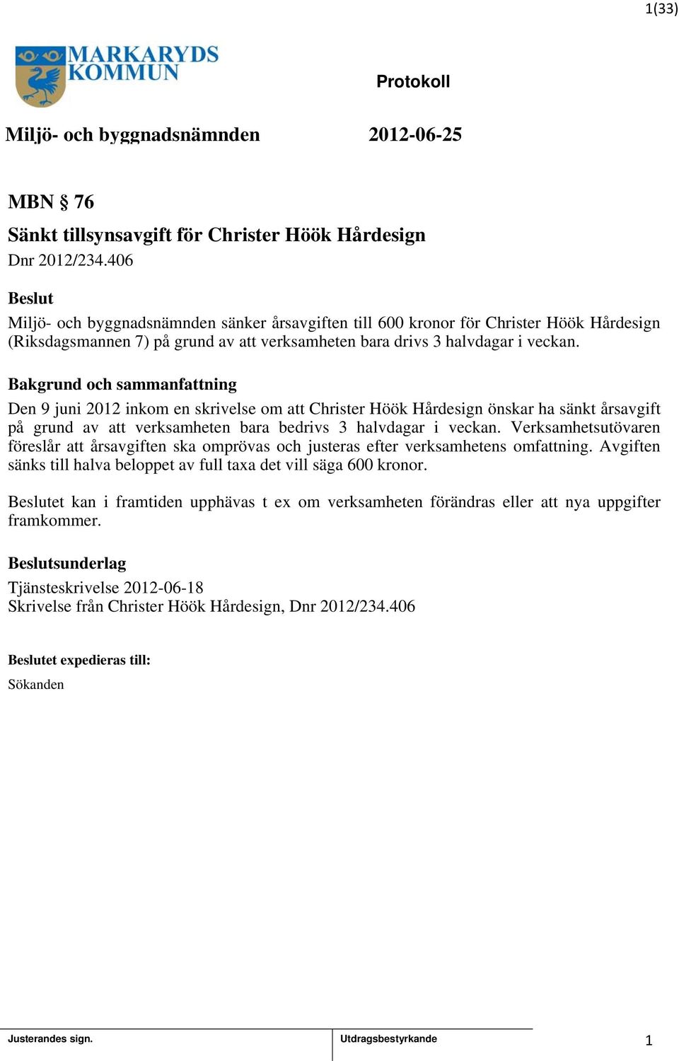 Den 9 juni 202 inkom en skrivelse om att Christer Höök Hårdesign önskar ha sänkt årsavgift på grund av att verksamheten bara bedrivs 3 halvdagar i veckan.