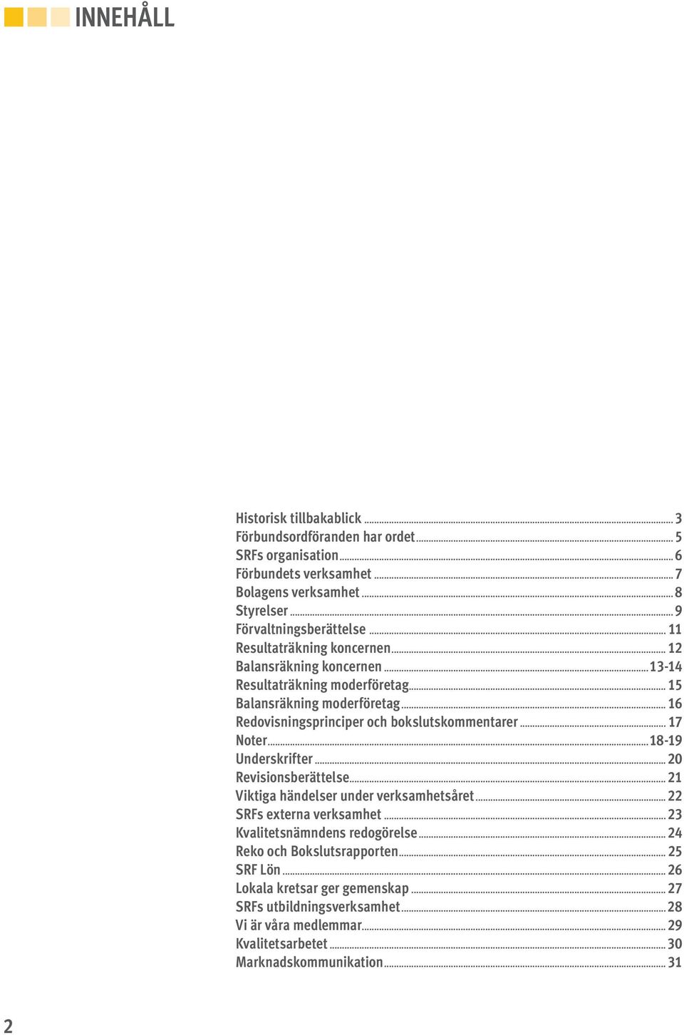 .. 17 Noter...18-19 Underskrifter...20 Revisionsberättelse... 21 Viktiga händelser under verksamhetsåret... 22 SRFs externa verksamhet... 23 Kvalitetsnämndens redogörelse.