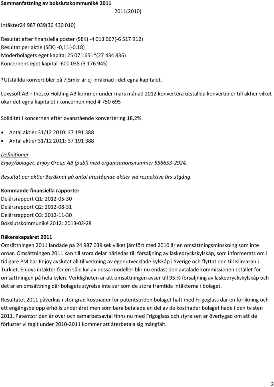 Loxysoft AB + Inesco Holding AB kommer under mars månad 2012 konvertera utställda konvertibler till aktier vilket ökar det egna kapitalet i koncernen med 4 750 695 Soliditet i koncernen efter