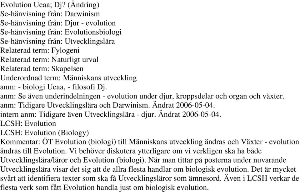 Naturligt urval Relaterad term: Skapelsen Underordnad term: Människans utveckling anm: - biologi Ueaa, - filosofi Dj.