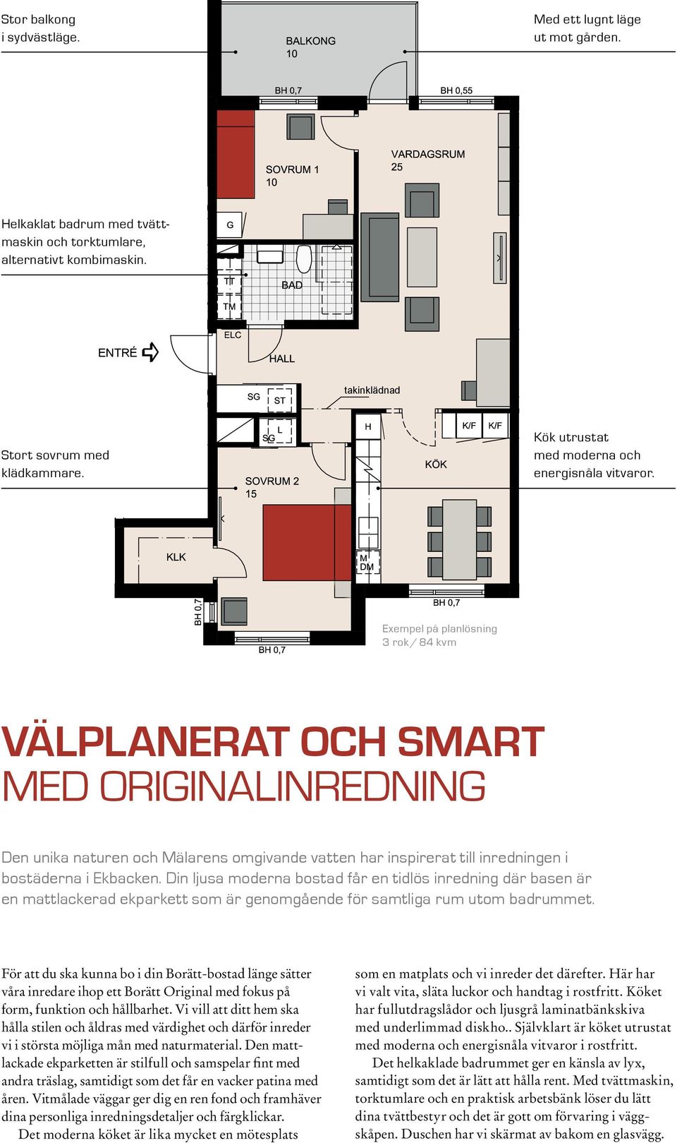 Exempel på planlösning 3 rok / 84 kvm 0 1 VÄLPLANERAT OCH SMART MED ORIGINALINREDNING 2 3 EKBACKEN LGH NR: Den unika naturen och Mälarens omgivande vatten har inspirerat till inredningen i våning 4