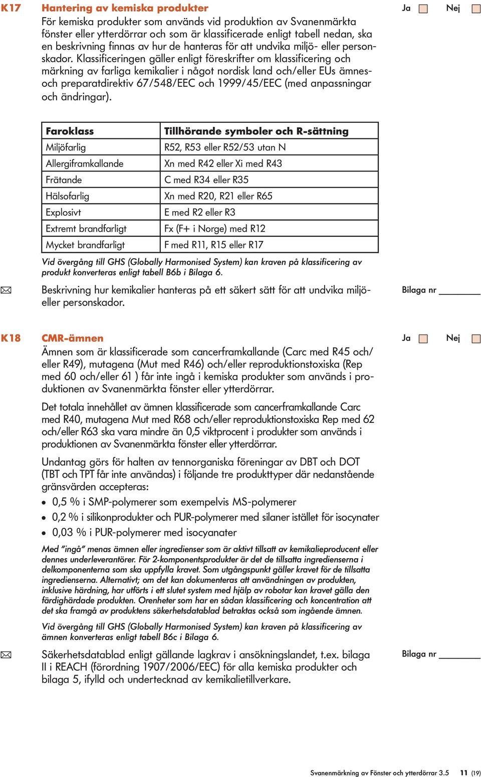 Kassi ficeringen gäer enigt föreskrifter om kassificering och märkning av fariga kemikaier i något nordisk and och/eer EUs ämnesoch preparatdirektiv 67/548/EEC och 1999/45/EEC (med anpassningar och