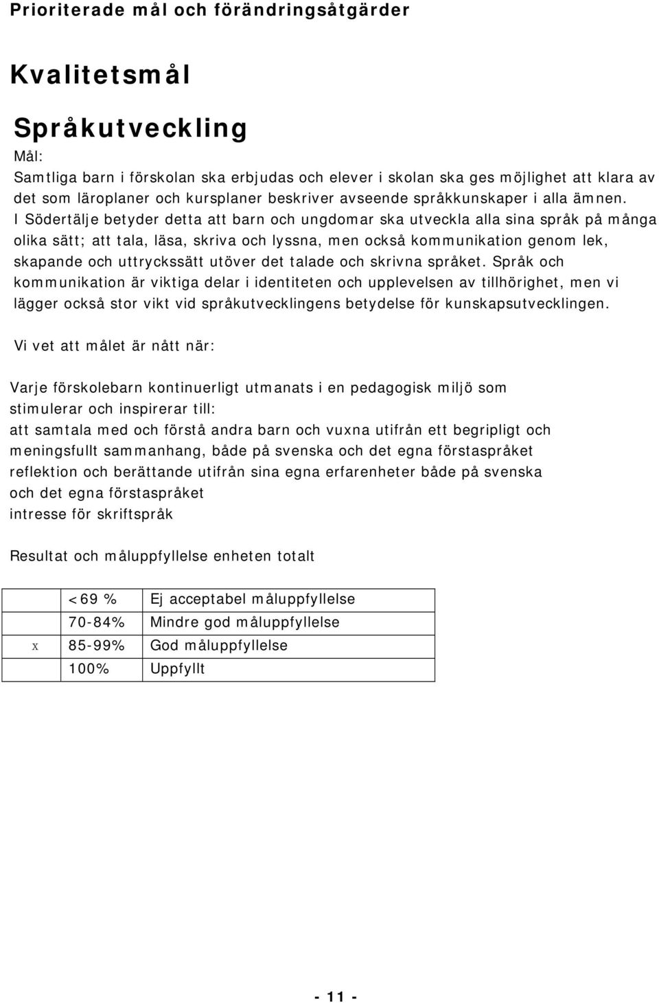 I Södertälje betyder detta att barn och ungdomar ska utveckla alla sina språk på många olika sätt; att tala, läsa, skriva och lyssna, men också kommunikation genom lek, skapande och uttryckssätt