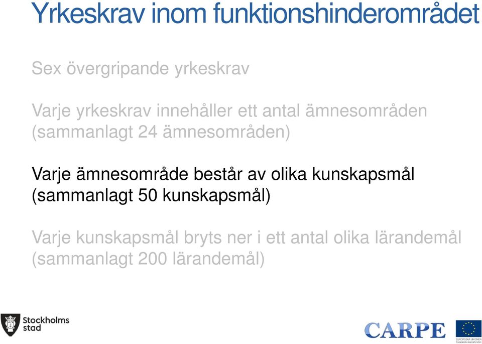 Varje ämnesområde består av olika kunskapsmål (sammanlagt 50 kunskapsmål)