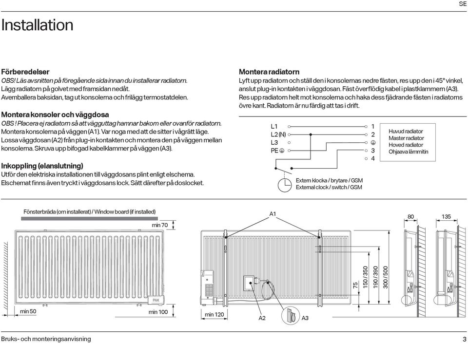 Montera konsolerna på väggen (A1). Var noga med att de sitter i vågrätt läge. Lossa väggdosan (A2) från plug-in kontakten och montera den på väggen mellan konsolerna.