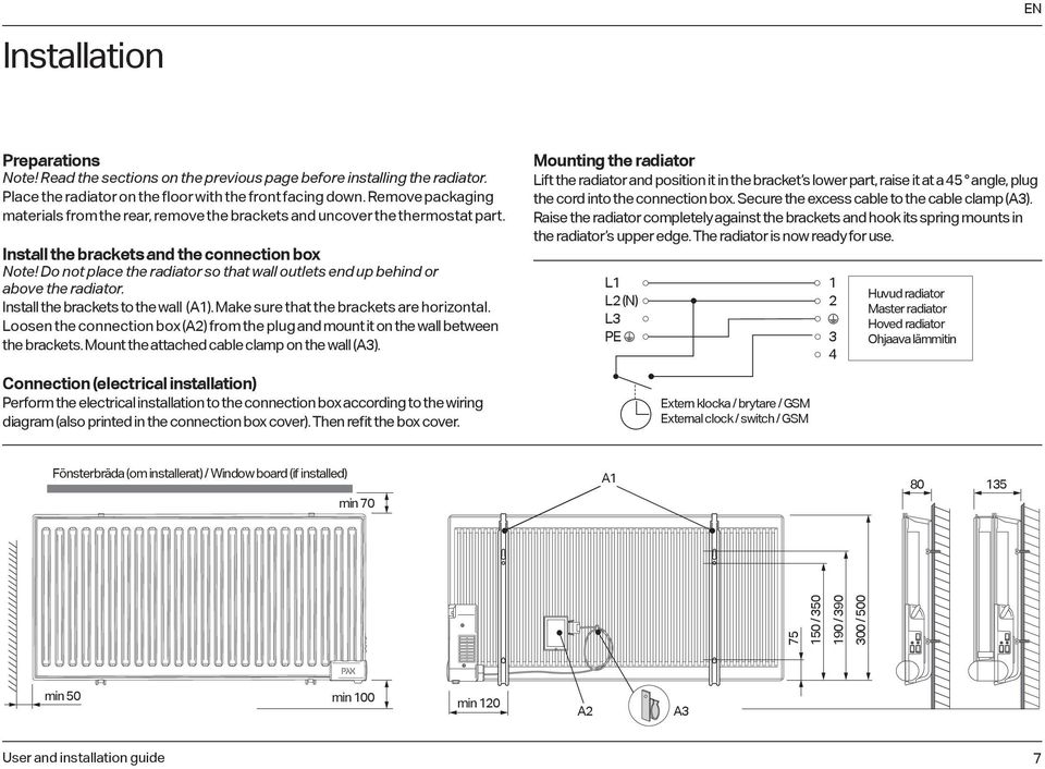 Do not place the radiator so that wall outlets end up behind or above the radiator. Install the brackets to the wall (A1). Make sure that the brackets are horizontal.