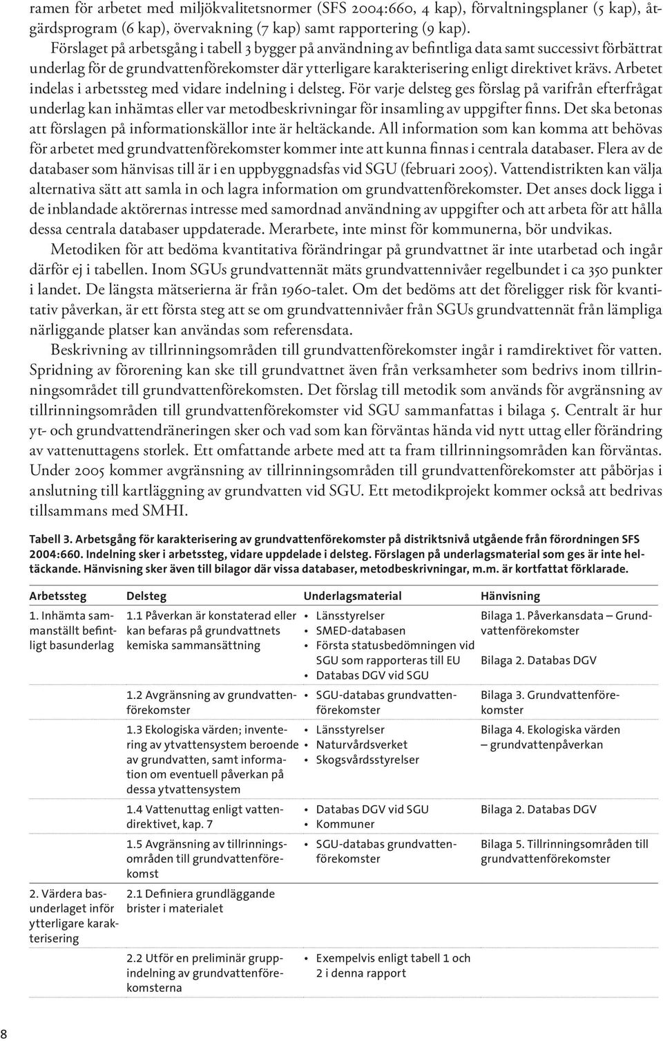 Arbetet indelas i arbetssteg med vidare indelning i delsteg. För varje delsteg ges förslag på varifrån efterfrågat underlag kan inhämtas eller var metodbeskrivningar för insamling av uppgifter finns.