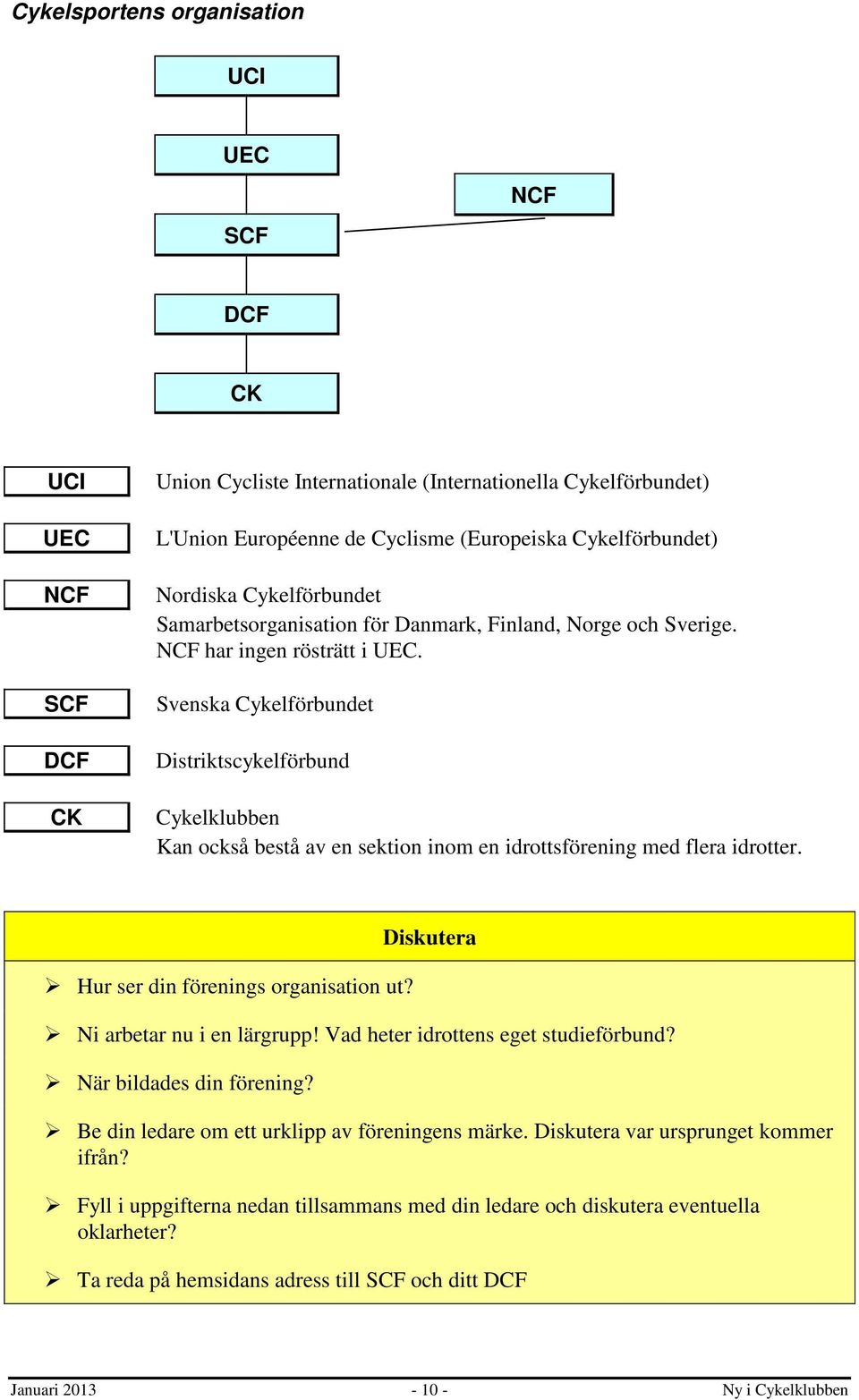 Svenska Cykelförbundet Distriktscykelförbund Cykelklubben Kan också bestå av en sektion inom en idrottsförening med flera idrotter. Hur ser din förenings organisation ut?