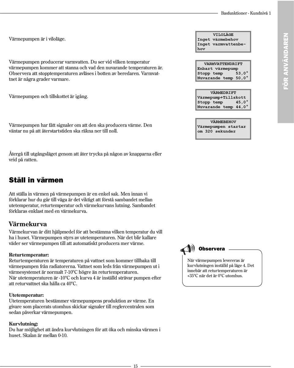 VILOLÄGE Inget värmebehov Inget varmvattenbehov VARMVATTENDRIFT Enbart värmepump Stopp temp 53,0 Nuvarande temp 50,0 VÄRMEDRIFT Värmepump+Tillskott Stopp temp 45,0 Nuvarande temp 44,0 FÖR ANVÄNDAREN