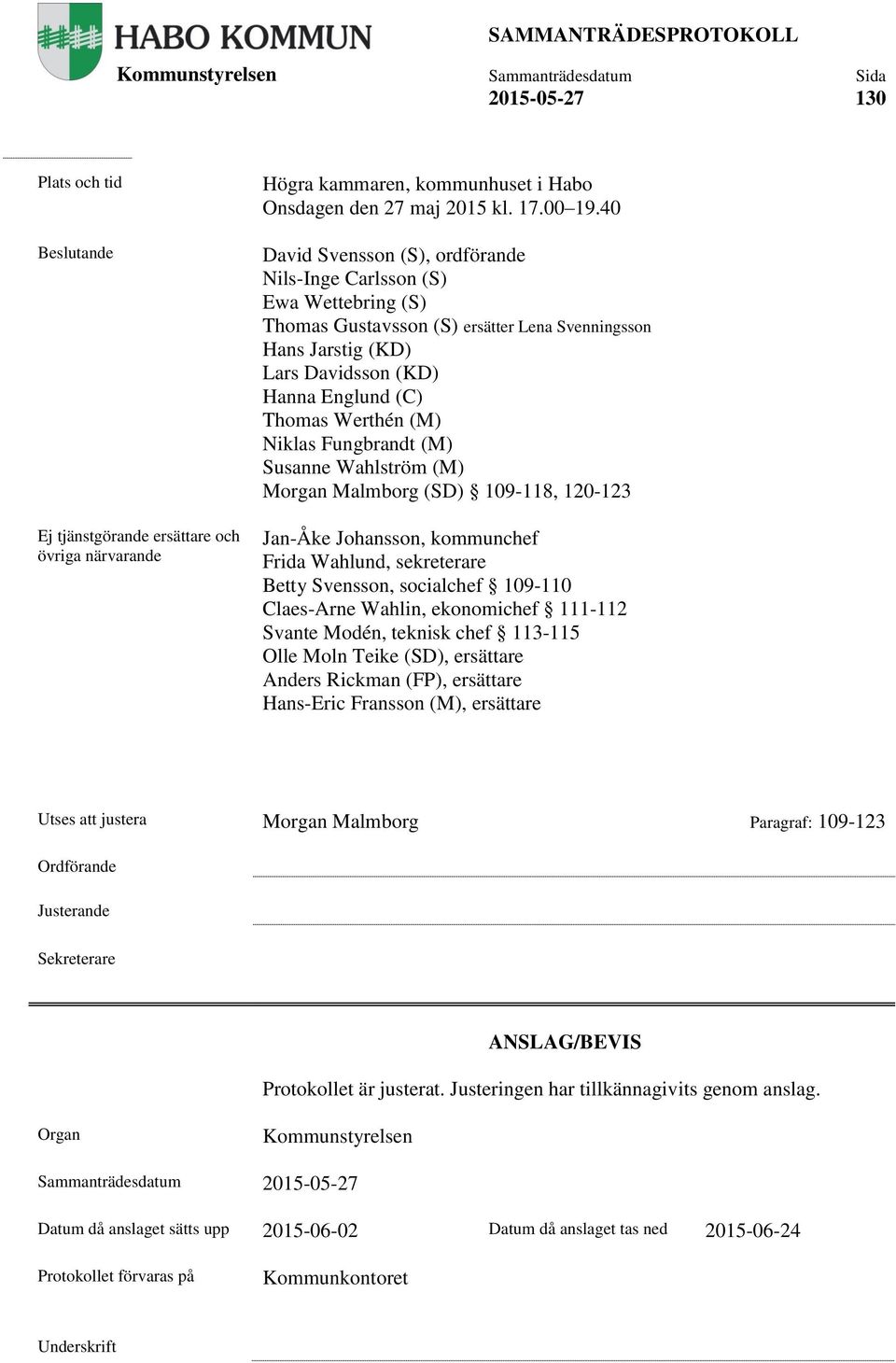 Niklas Fungbrandt (M) Susanne Wahlström (M) Morgan Malmborg (SD) 109-118, 120-123 Jan-Åke Johansson, kommunchef Frida Wahlund, sekreterare Betty Svensson, socialchef 109-110 Claes-Arne Wahlin,