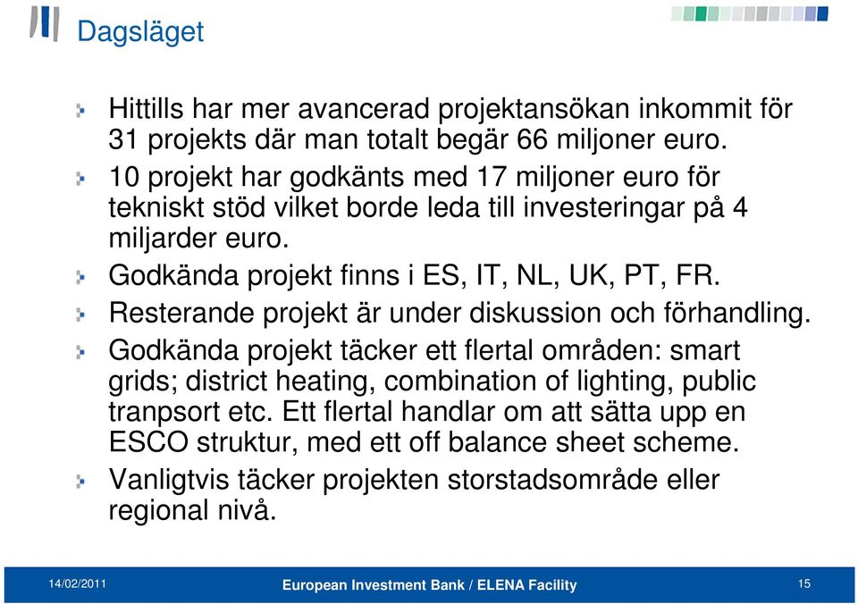 Godkända projekt finns i ES, IT, NL, UK, PT, FR. Resterande projekt är under diskussion och förhandling.