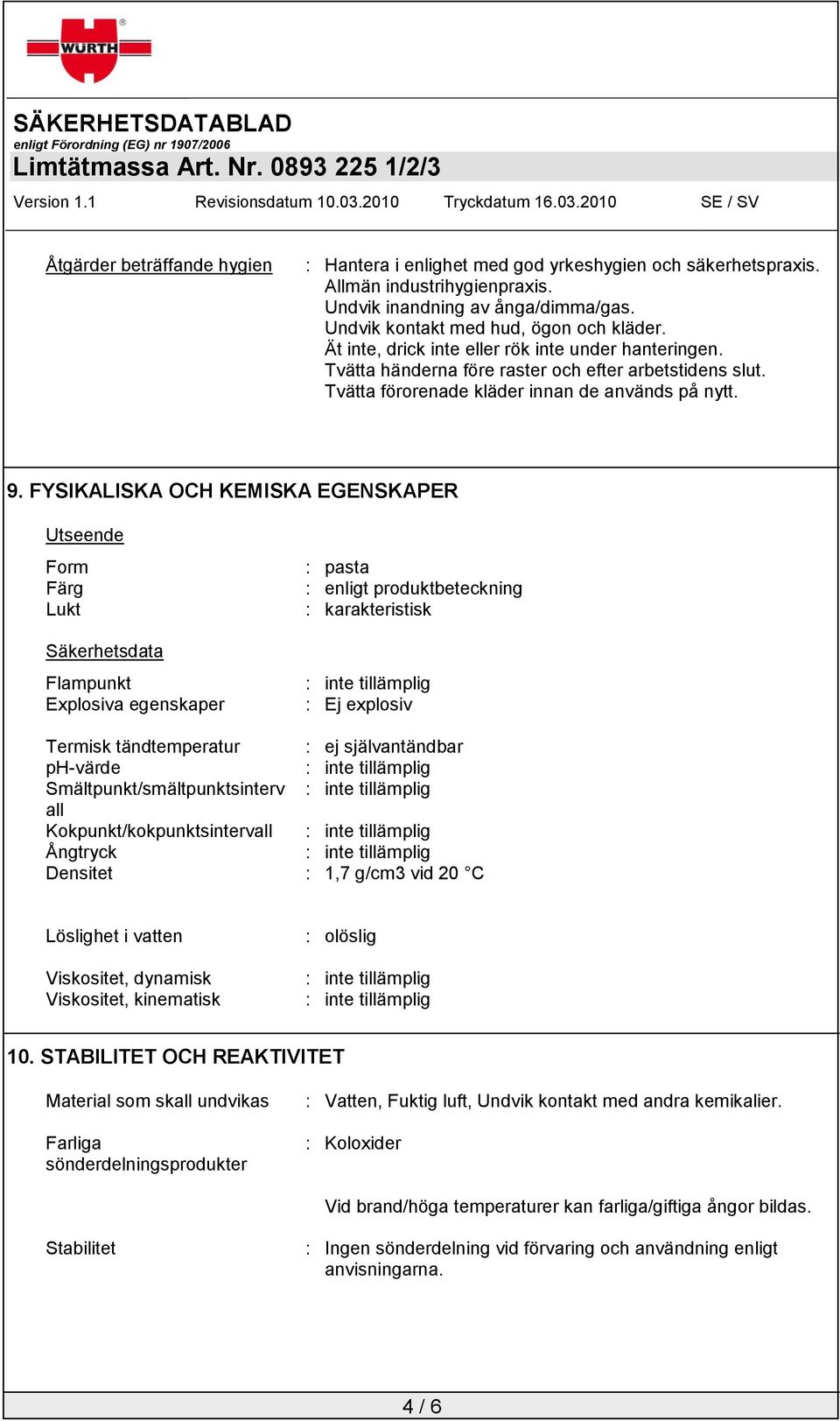 FYSIKALISKA OCH KEMISKA EGENSKAPER Utseende Form Färg Lukt Säkerhetsdata Flampunkt Explosiva egenskaper : pasta : enligt produktbeteckning : karakteristisk : Ej explosiv Termisk tändtemperatur : ej