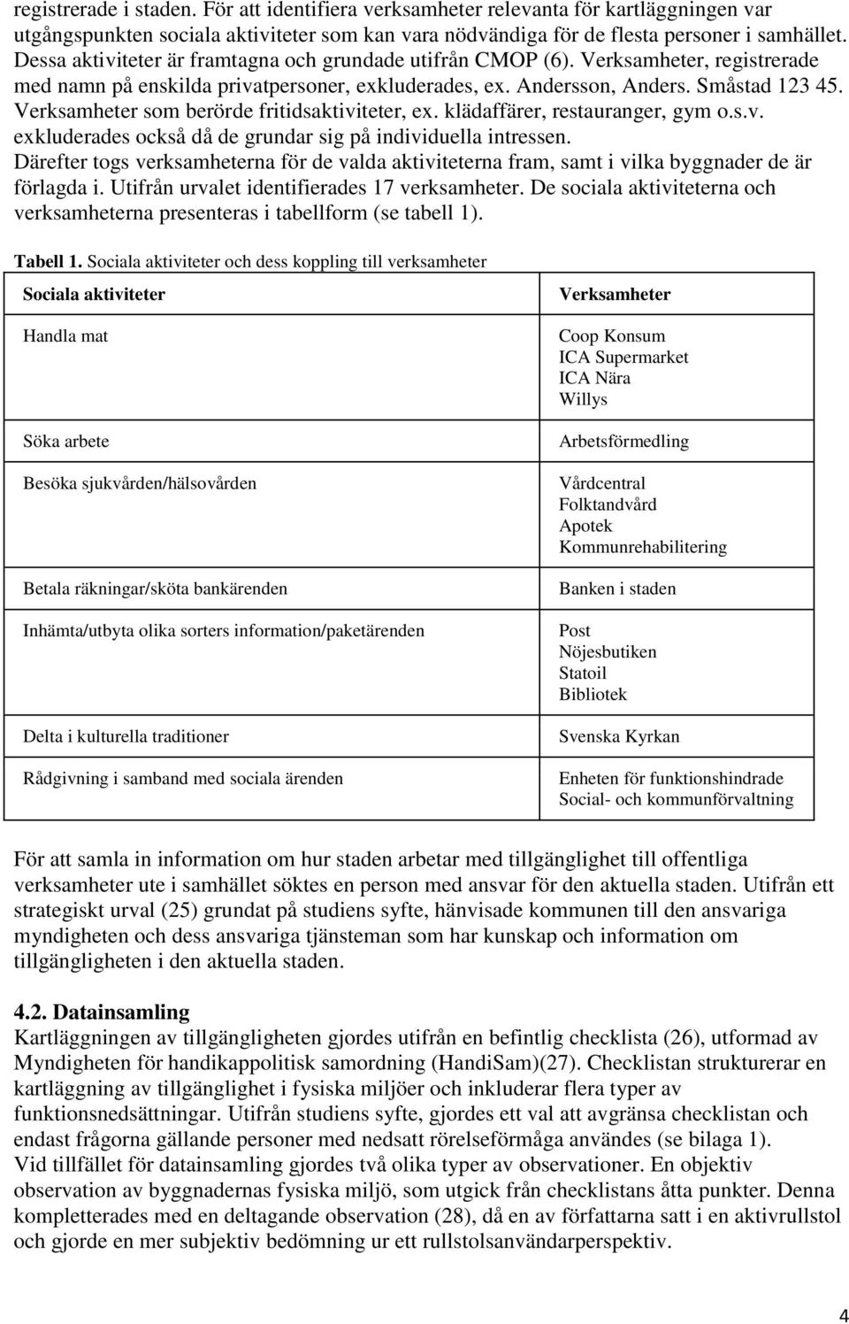 Verksamheter som berörde fritidsaktiviteter, ex. klädaffärer, restauranger, gym o.s.v. exkluderades också då de grundar sig på individuella intressen.