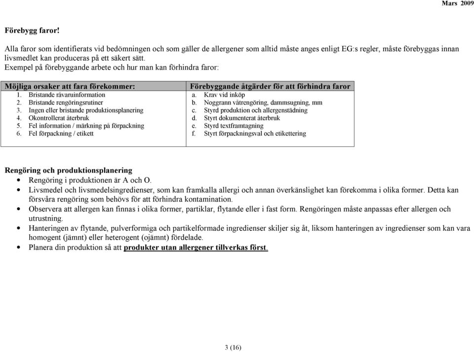 Exempel på förebyggande arbete och hur man kan förhindra faror: Möjliga orsaker att fara förekommer: 1. Bristande råvaruinformation 2. Bristande rengöringsrutiner 3.