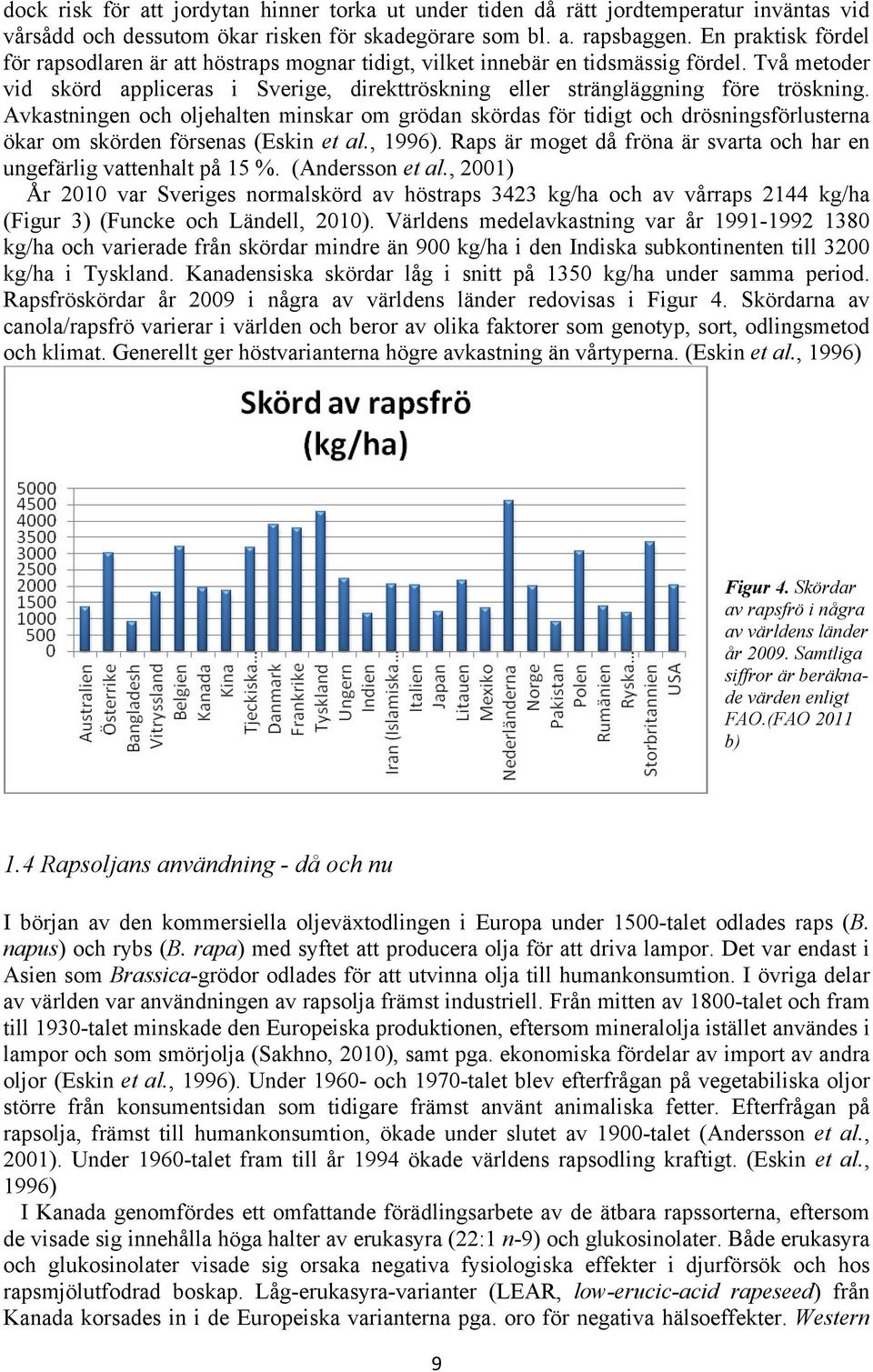 Avkastningen och oljehalten minskar om grödan skördas för tidigt och drösningsförlusterna ökar om skörden försenas (Eskin et al., 1996).