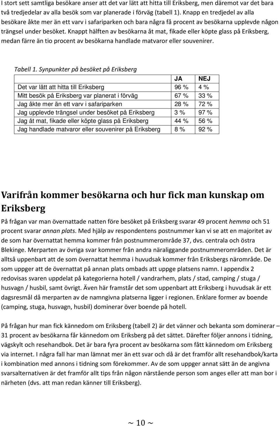 Knappt hälften av besökarna åt mat, fikade eller köpte glass på Eriksberg, medan färre än tio procent av besökarna handlade matvaror eller souvenirer. Tabell 1.